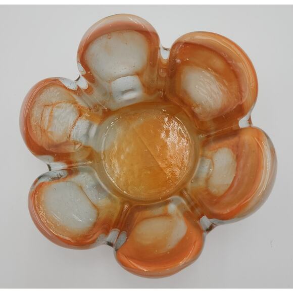 VTG MCM Mexican Handblown Glass Amber White Petal Bowl Flower Shape Trinket Dish - Picture 1 of 11
